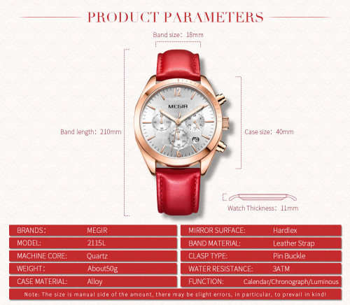 Megir 2115L  - Ladies Lovely Chronograph Watch * 6 HANDS*RED LEATHER STRAP*
