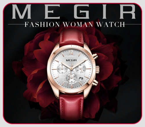 Megir 2115L  - Ladies Lovely Chronograph Watch * 6 HANDS*RED LEATHER STRAP*
