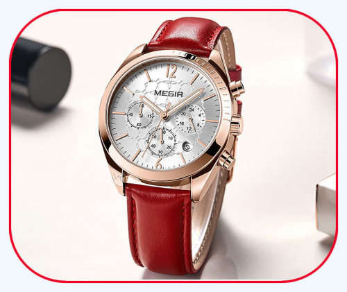 Megir 2115L  - Ladies Lovely Chronograph Watch * 6 HANDS*RED LEATHER STRAP*