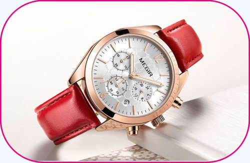 Megir 2115L  - Ladies Lovely Chronograph Watch * 6 HANDS*RED LEATHER STRAP*