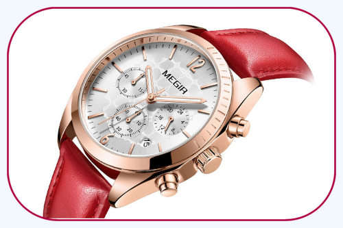 Megir 2115L  - Ladies Lovely Chronograph Watch * 6 HANDS*RED LEATHER STRAP*