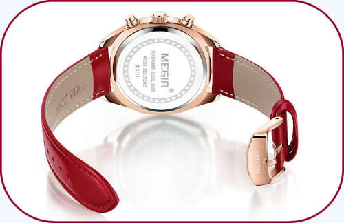 Megir 2115L  - Ladies Lovely Chronograph Watch * 6 HANDS*RED LEATHER STRAP*