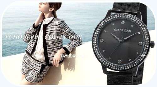 From UK ** Magnifisant* Black Taylor Cole Lady Georgeos Steel Band Bracelet Luxury Watch*