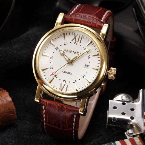 * Luxury Gold Case Brown Leather Date Men Quartz Dress Wrist Watch*FULL HOUSE!* FREE SHIPPING*