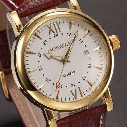* Luxury Gold Case Brown Leather Date Men Quartz Dress Wrist Watch*FULL HOUSE!* FREE SHIPPING*