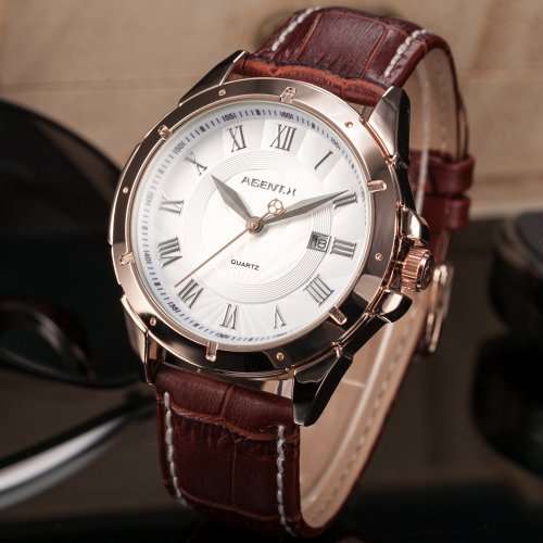* Luxury Rose Gold Case Brown Leather Date Men Quartz Dress Wrist Watch