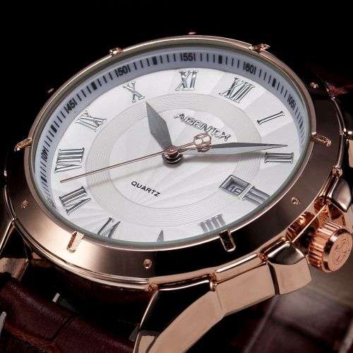 * Luxury Rose Gold Case Brown Leather Date Men Quartz Dress Wrist Watch