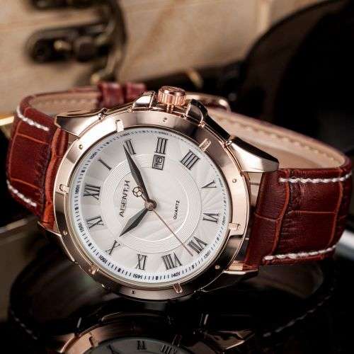 * Luxury Rose Gold Case Brown Leather Date Men Quartz Dress Wrist Watch