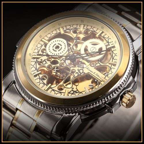 *KS Carving Series* 2 TONE * Silver/Gold **  Mechanical Mens Wrist Watch+Box & Papers