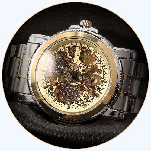 *KS Carving Series* 2 TONE * Silver/Gold **  Mechanical Mens Wrist Watch+Box & Papers
