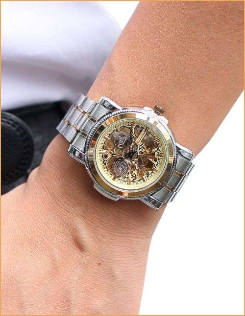 *KS Carving Series* 2 TONE * Silver/Gold **  Mechanical Mens Wrist Watch+Box & Papers