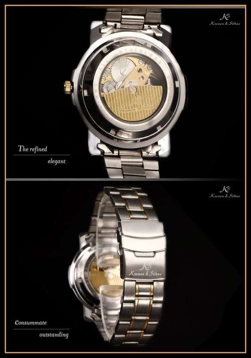 *KS Carving Series* 2 TONE * Silver/Gold **  Mechanical Mens Wrist Watch+Box & Papers