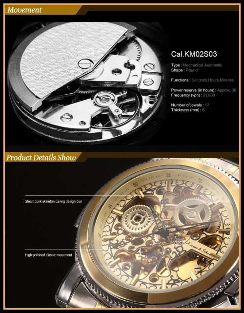 *KS Carving Series* 2 TONE * Silver/Gold **  Mechanical Mens Wrist Watch+Box & Papers