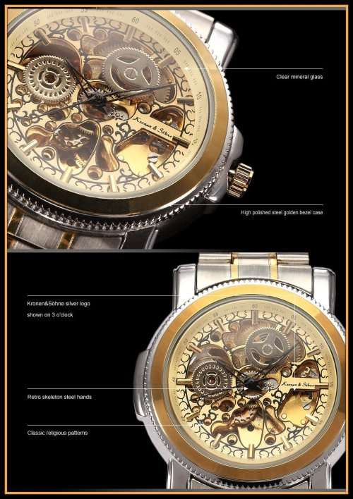 *KS Carving Series* 2 TONE * Silver/Gold **  Mechanical Mens Wrist Watch+Box & Papers