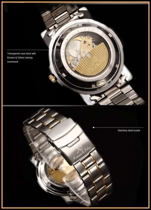 *KS Carving Series* 2 TONE * Silver/Gold **  Mechanical Mens Wrist Watch+Box & Papers