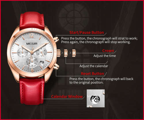 Megir 2115L  - Ladies Lovely Chronograph Watch * 6 HANDS*RED LEATHER STRAP*