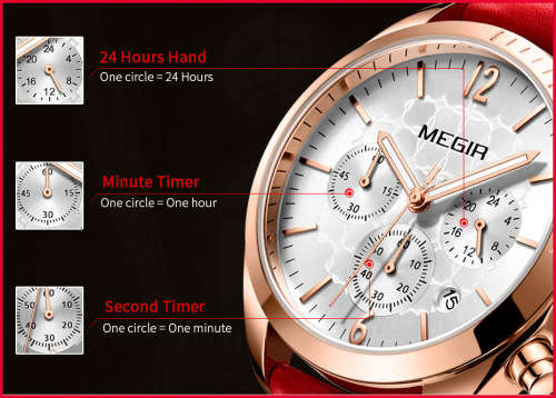 Megir 2115L  - Ladies Lovely Chronograph Watch * 6 HANDS*RED LEATHER STRAP*