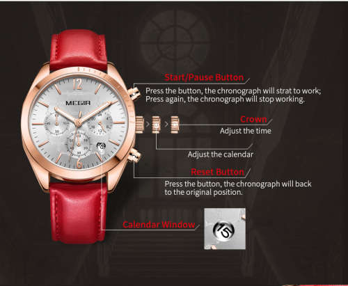 Megir 2115L  - Ladies Lovely Chronograph Watch * 6 HANDS*PINK LEATHER STRAP*