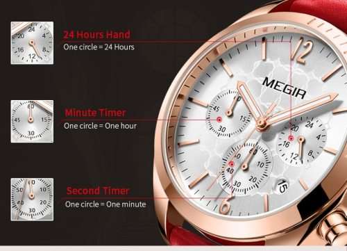Megir 2115L  - Ladies Lovely Chronograph Watch * 6 HANDS*PINK LEATHER STRAP*