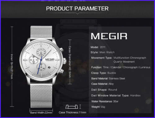 Megir 2011 - Chronograph Watch * 6 HANDS*  Silver *