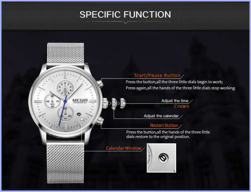 Megir 2011 - Chronograph Watch * 6 HANDS*  Silver *