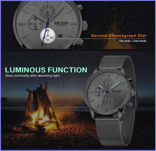 Megir 2011 - Chronograph Watch * 6 HANDS*  Silver *