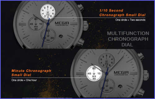 Megir 2011 - Chronograph Watch * 6 HANDS*  Silver *