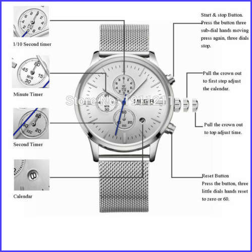 Megir 2011 - Chronograph Watch * 6 HANDS*  Silver *
