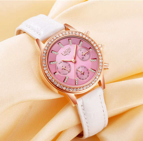 Lige 9812 - Ladies Lovely  Watch * 6 HANDS* Box,Book, & Papers ** Rosepink Dial **