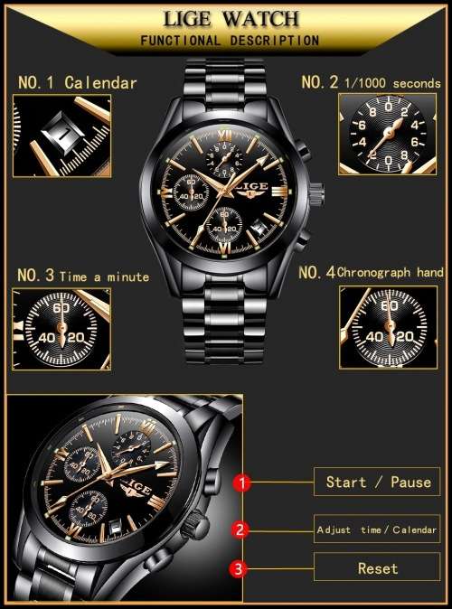 ** CLASSIC -  Relogio Masculion LIGE 9839 Top Luxury All Steel *6 Hands* Chronograph Watch Men