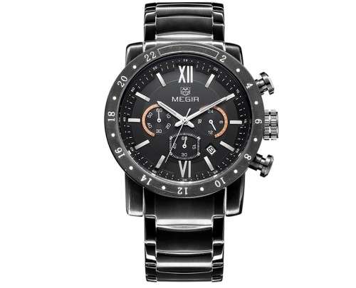 ***  Megir Brand ( 3008)* 6 Hands *All Black Chronograph Business Mens Watch ** ALL STEEL*