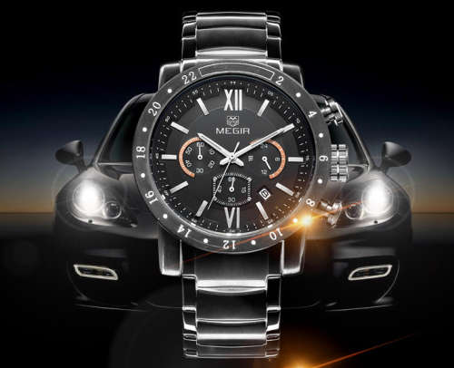 ***  Megir Brand ( 3008)* 6 Hands *All Black Chronograph Business Mens Watch ** ALL STEEL*