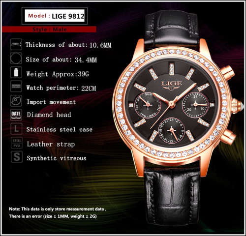 Lige 9812 - Ladies Lovely  Watch * 6 HANDS* Box,Book, & Papers **BLACK **