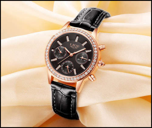 Lige 9812 - Ladies Lovely  Watch * 6 HANDS* Box,Book, & Papers **BLACK **