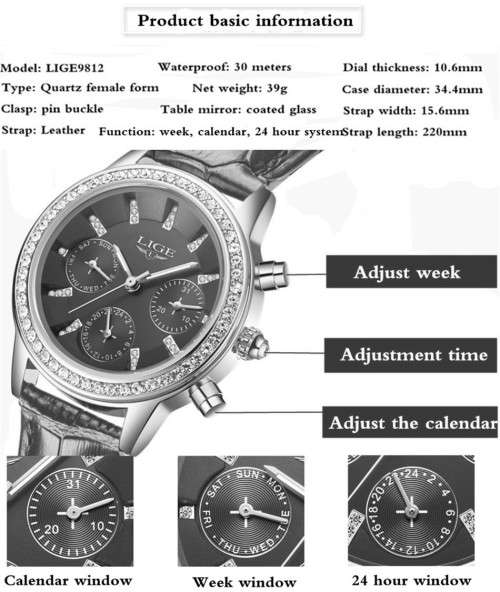 Lige 9812 - Ladies Lovely  Watch * 6 HANDS* Box,Book, & Papers **BLACK **