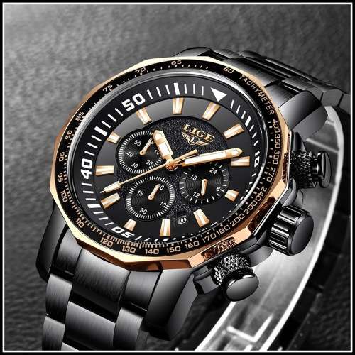 ** BIG,HEAVY-  ALL STEEL,* DEEP DISH* LIGE *FLAGSHIP 9871 *6 Hands* Chronograph Watch * FULL HOUSE !