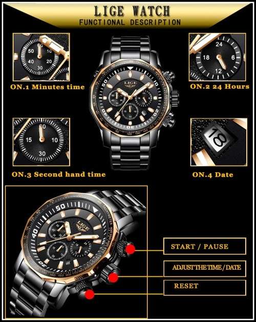 ** BIG,HEAVY-  ALL STEEL,* DEEP DISH* LIGE *FLAGSHIP 9871 *6 Hands* Chronograph Watch * FULL HOUSE !