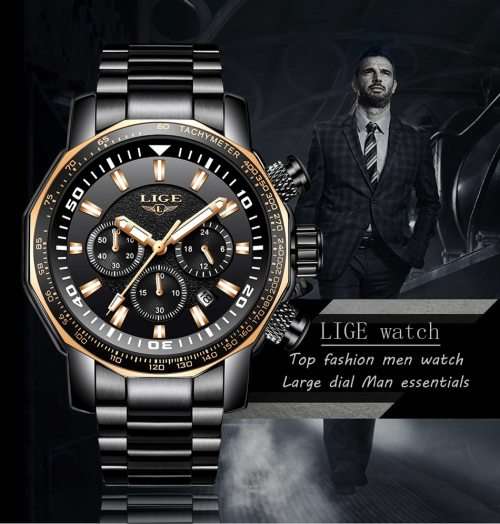 ** BIG,HEAVY-  ALL STEEL,* DEEP DISH* LIGE *FLAGSHIP 9871 *6 Hands* Chronograph Watch * FULL HOUSE !