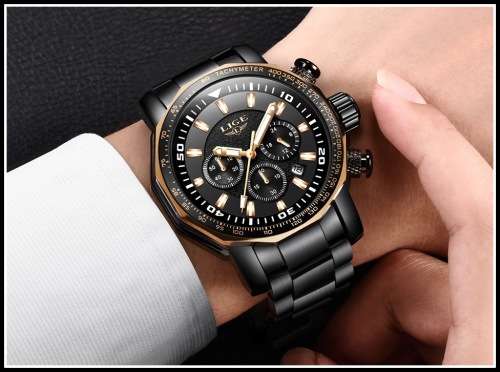 ** BIG,HEAVY-  ALL STEEL,* DEEP DISH* LIGE *FLAGSHIP 9871 *6 Hands* Chronograph Watch * FULL HOUSE !