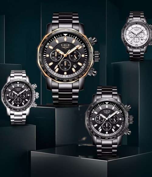 ** BIG,HEAVY-  ALL STEEL,* DEEP DISH* LIGE *FLAGSHIP 9871 *6 Hands* Chronograph Watch * FULL HOUSE !