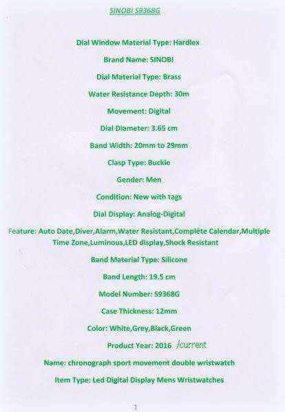 FREE SHIPPING**NEW SINOBI DUAL TIME CHRONOGRAPH MENS SILICONE STRAP WATCH* GREEN*