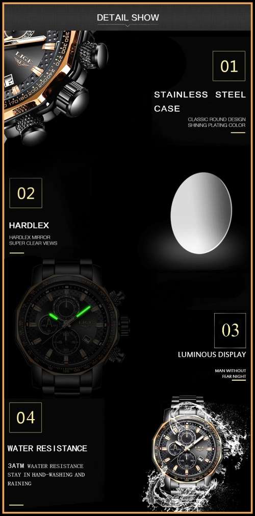 *BIG,HEAVY- ALL STEEL,* DEEP DISH* LIGE  9902 Quality*6 Hands* Chronograph Watch *FULL HOUSE!