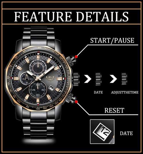 *BIG,HEAVY- ALL STEEL,* DEEP DISH* LIGE  9902 Quality*6 Hands* Chronograph Watch *FULL HOUSE!