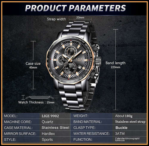 *BIG,HEAVY- ALL STEEL,* DEEP DISH* LIGE  9902 Quality*6 Hands* Chronograph Watch *FULL HOUSE!