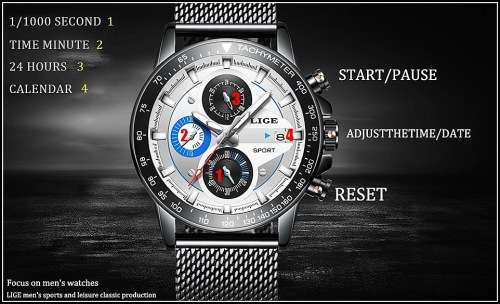 ** -SPORT*  Relogio Masculion LIGE 9931-*Top Luxury  Steel *6 Hands* Chronograph Watch Men