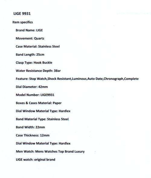** -SPORT*  Relogio Masculion LIGE 9931-*Top Luxury  Steel *6 Hands* Chronograph Watch Men
