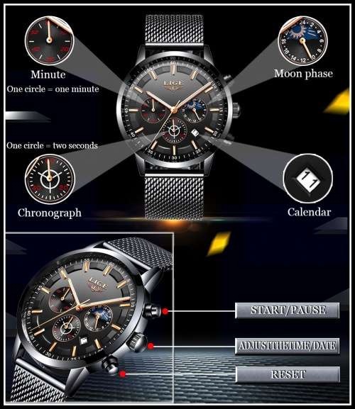 ** CLASSIC -  Relogio Masculion LIGE 9877-*Top Luxury All Steel *6 Hands* Chronograph Watch Men