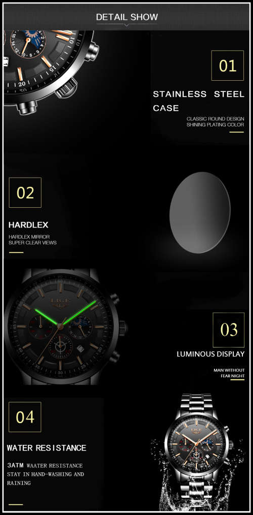 *Moon Phase* LIGE 9877-* All Steel *6 Hands*Subtle Blue Dial Chronograph Watch-FULL HOUSE~