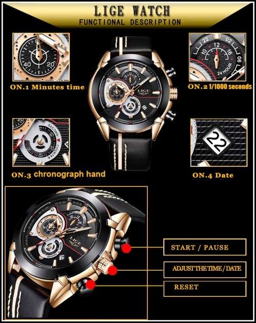 **   Relogio Masculion LIGE 9863 Top Luxury *6 Hands* Chronograph Watch Men*