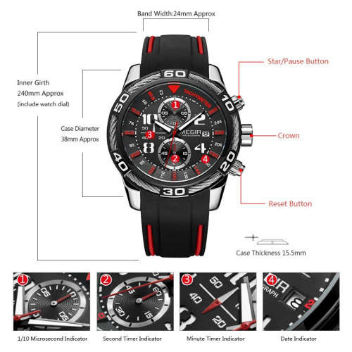 *Megir 2045 -*Big Dial* Multifunction  Chronograph Watch * 6 HANDS* Rubber Strap*